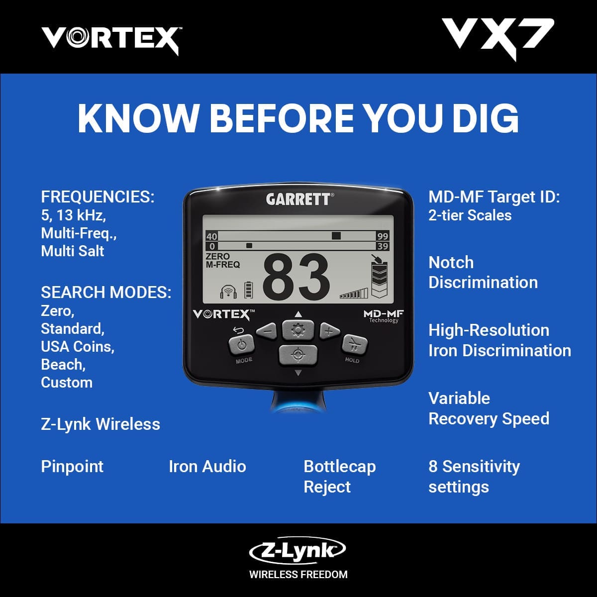Çanakkale Garrett Vortex VX7 Dedektör - VX7 hedef ID ekranı, iki katmanlı MD-MF okuma ile demir ve iletken hedefleri ayırmaya yardım eder.